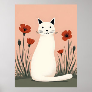White Cat Red Poppy Flowers Poster