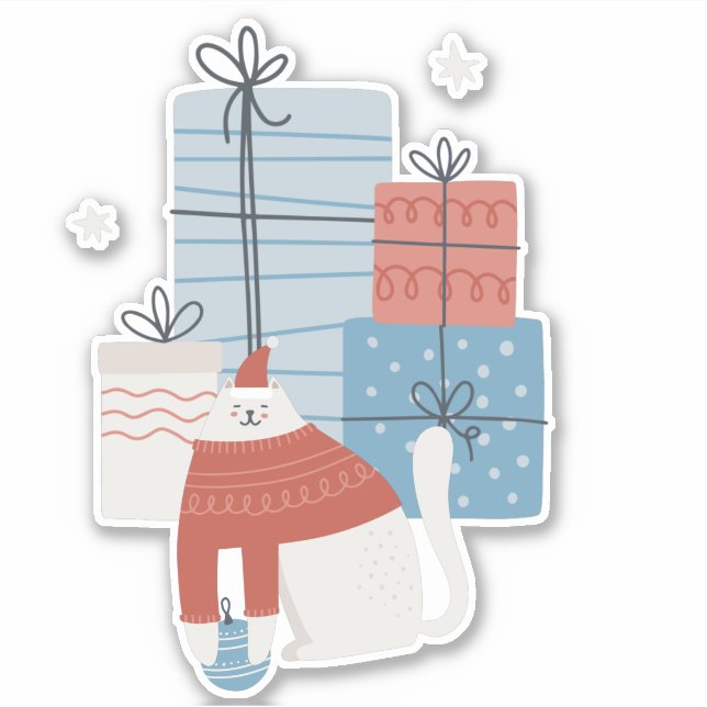 White cat red sweater presents gifts ornaments (Front)