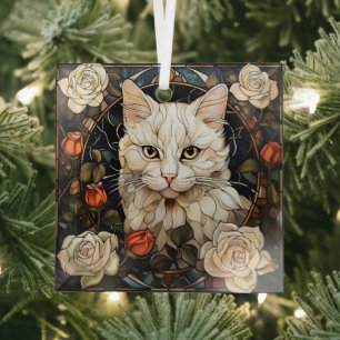 White Cat Rose Mosaic Stained Glass Tree Decoration