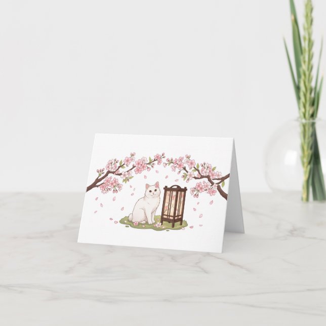White Cat & Sakura Lantern Thank You Card (Front)