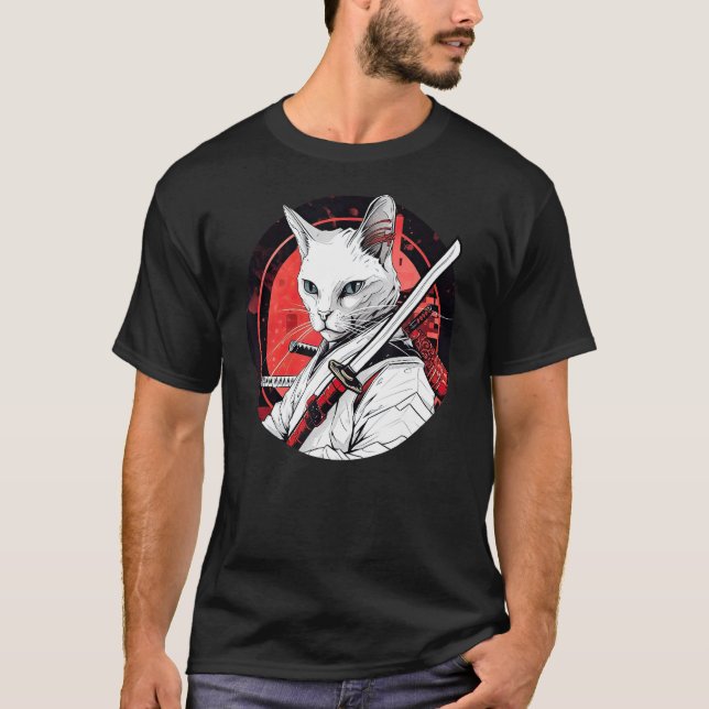 White Cat Samurai Funny Pet Warrior T-Shirt (Front)