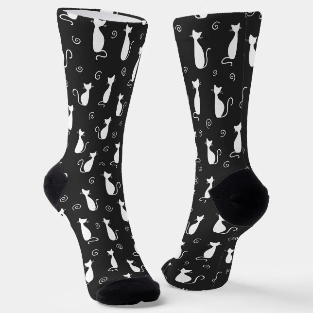 White Cat Silhouette Pattern Black Socks (Angled)