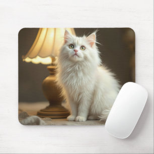 White Cat Sitting In Warm Lamplight Mouse Mat