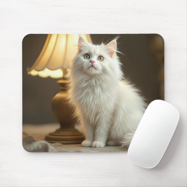 White Cat Sitting In Warm Lamplight Mouse Mat (With Mouse)