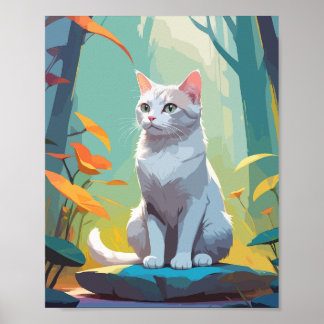 White cat sitting on a rock in forest poster