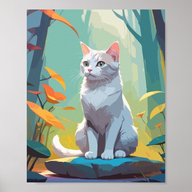 White cat sitting on a rock in forest poster (Front)