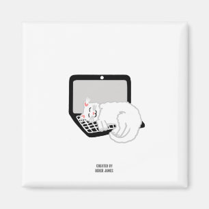 White Cat Sleeping On Laptop 2 Inch Square Magnet
