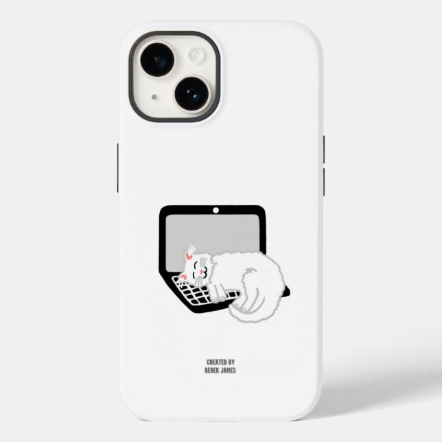 White Cat Sleeping On Laptop Apple iPhone 14 Case (Back)