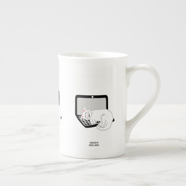 White Cat Sleeping On Laptop Bone China Mug (Right)