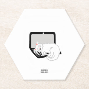 White Cat Sleeping On Laptop Hexagon Paper Coaster