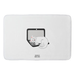 White Cat Sleeping On Laptop Large Bath Mat