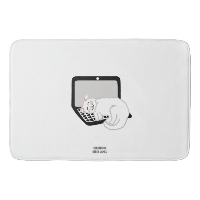 White Cat Sleeping On Laptop Large Bath Mat (Front)