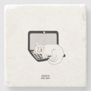 White Cat Sleeping On Laptop Marble Stone Coaster