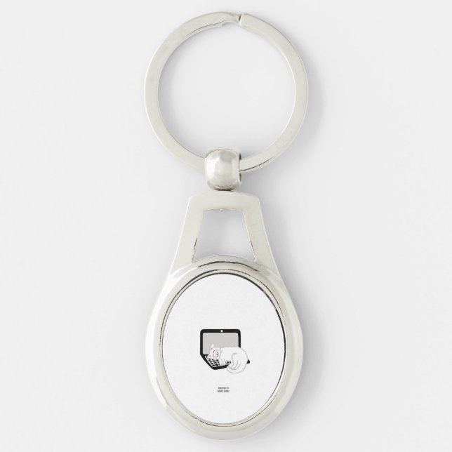 White Cat Sleeping On Laptop Oval Keychain (Front)