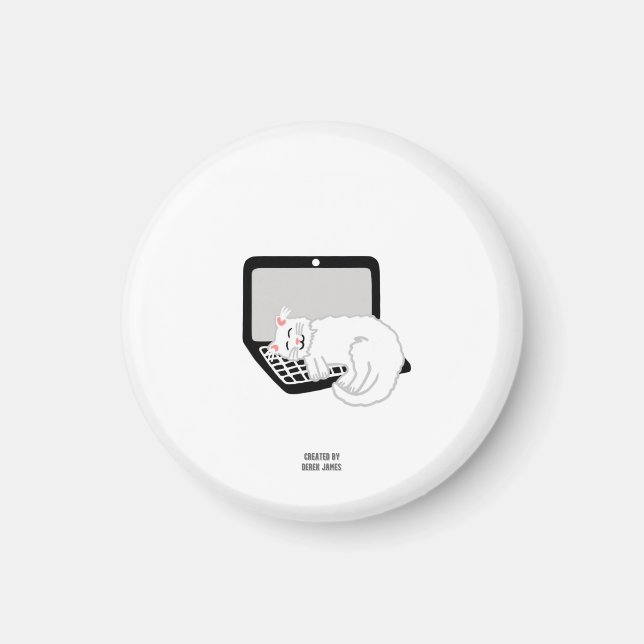 White Cat Sleeping On Laptop Round Magnet (Front)