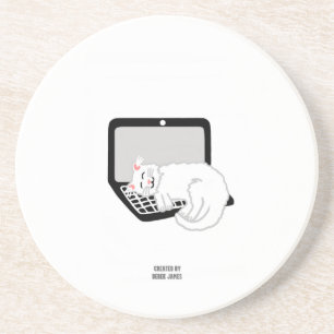 White Cat Sleeping On Laptop Sandstone Coaster
