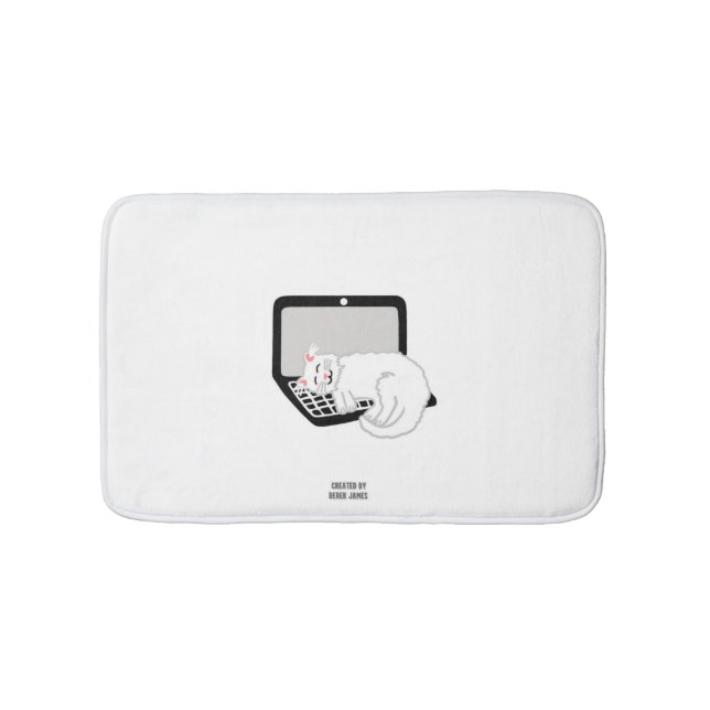 White Cat Sleeping On Laptop Small Bath Mat (Front)