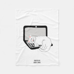 White Cat Sleeping On Laptop Small Fleece Blanket