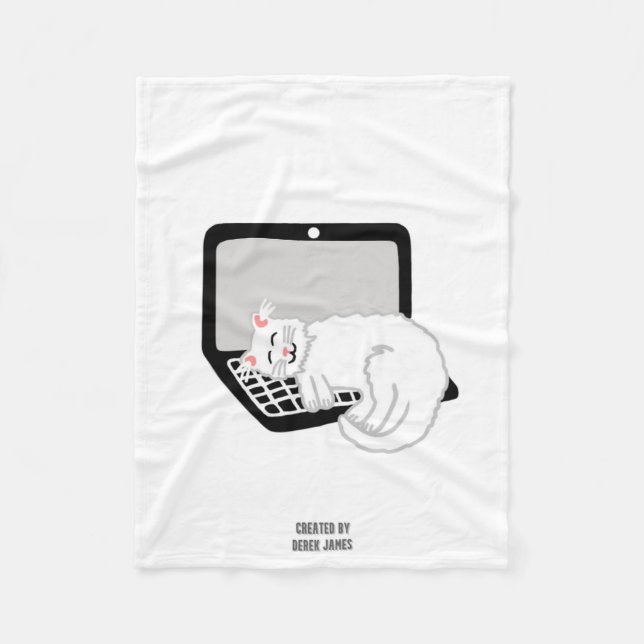 White Cat Sleeping On Laptop Small Fleece Blanket (Front)