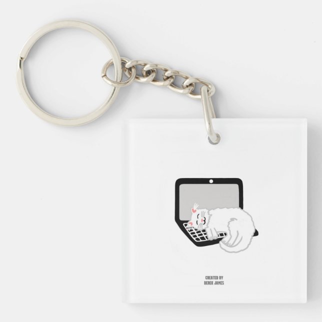 White Cat Sleeping On Laptop Square Keychain (Front)