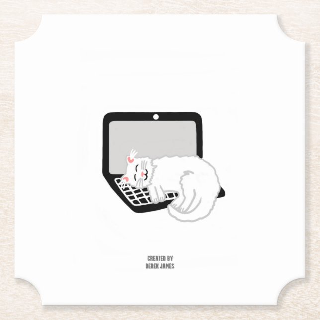 White Cat Sleeping On Laptop Ticket Paper Coaster (Front)