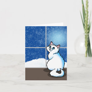 White Cat Snowy Window Throw Pillow Card