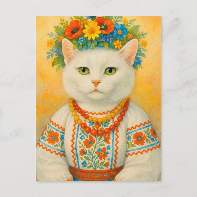 White Cat Ukrainian Flower Wreath Postcard (Front)