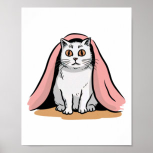 White Cat Under A Pink Blanket Sticker Poster