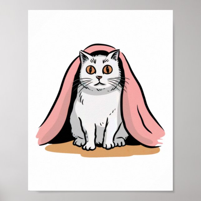 White Cat Under A Pink Blanket Sticker  Poster (Front)