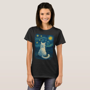 White Cat Under a Starry Night Illustration T-Shirt