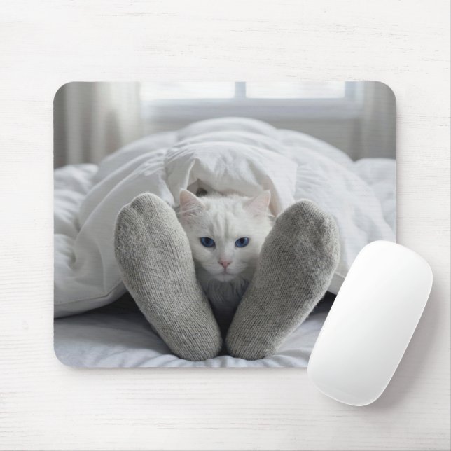 White Cat Under a White Duvet Mouse Mat (With Mouse)