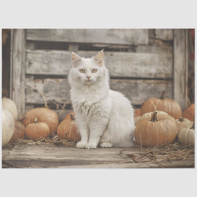 White Cat Vintage Autumn Pumpkins Decoupage Tissue Paper (Front)