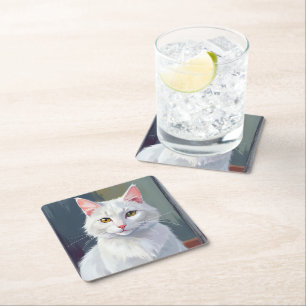 White Cat Watercolor Cat Pet Painting Square Paper Coaster