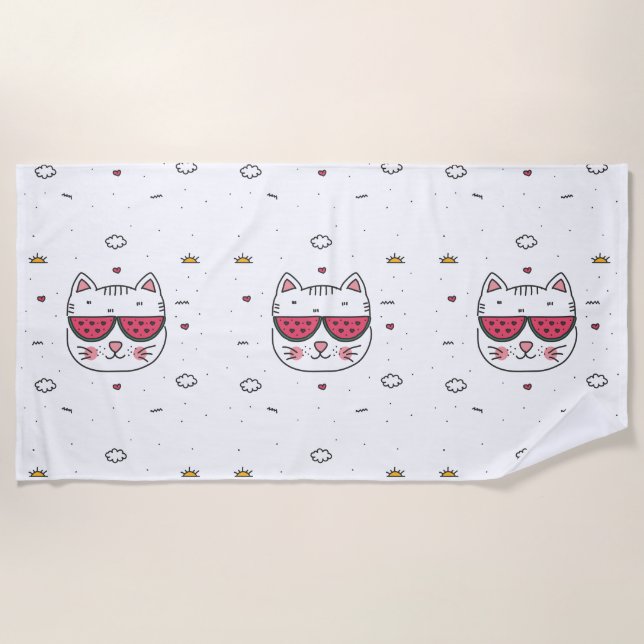 White cat watermelon glasses funny beach towel (Front)