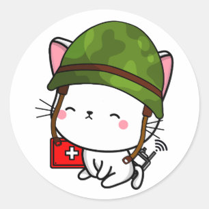White Cat Wearing army helmet Classic Round Sticker