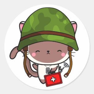 White Cat Wearing army helmet Classic Round Sticker