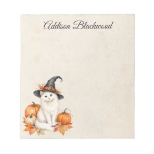 White Cat Witch Hat Autumn Pumpkins Personalised Notepad