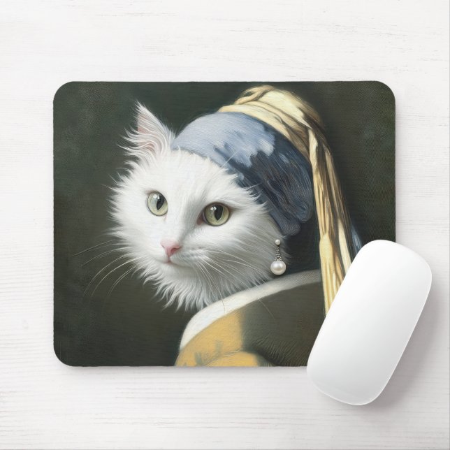 White Cat With a Pearl Earring Mouse Mat (With Mouse)