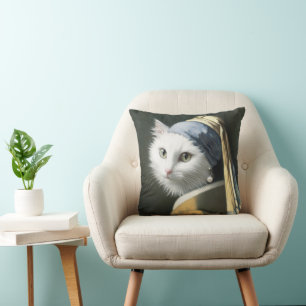 White Cat With a Pearl Earring Painting Cushion