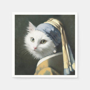 White Cat With a Pearl Earring Painting Napkin