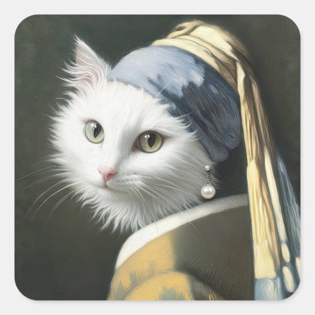 White Cat With a Pearl Earring Painting Square Sticker (Front)