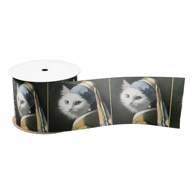 White Cat With a Pearl Earring Portrait Satin Ribbon (Spool)