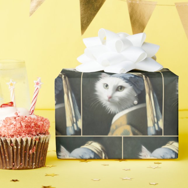 White Cat With a Pearl Earring Wrapping Paper (Birthday Party)
