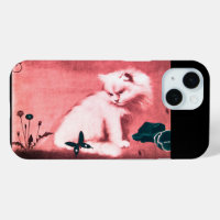 WHITE CAT WITH BLACK BUTTERFLY IN PINK