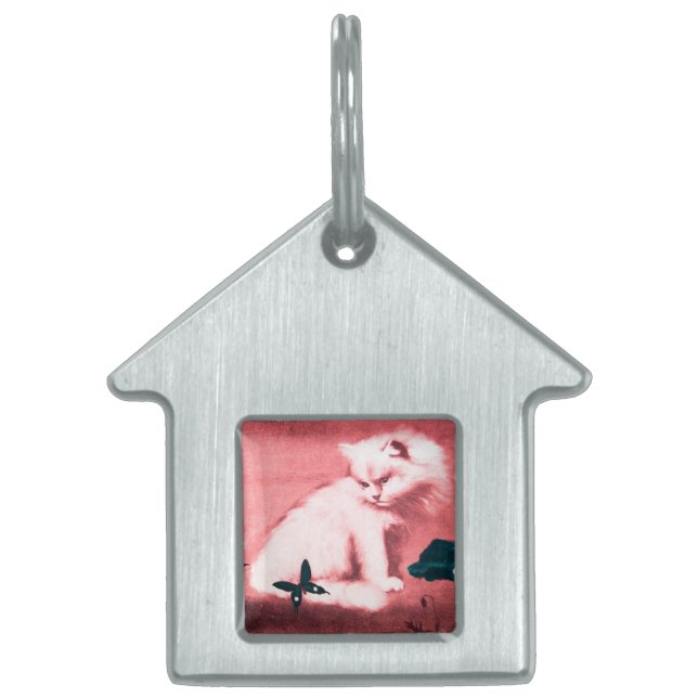 WHITE CAT WITH BLACK BUTTERFLY,pink Pet Tag (Front)