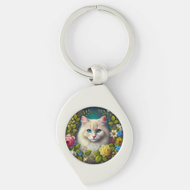 White Cat With Blue Eyes Key Ring (Front)