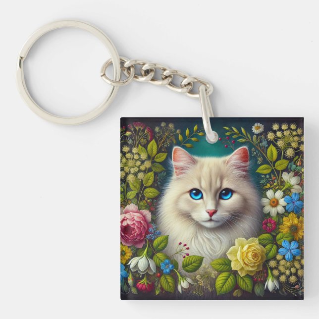 White Cat With Blue Eyes Key Ring (Front)
