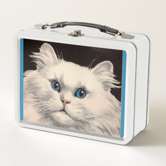 white cat with blue eyes metal lunch box (Front)