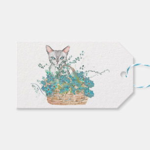 White Cat with Blue Flower Basket Easter Gift Tag