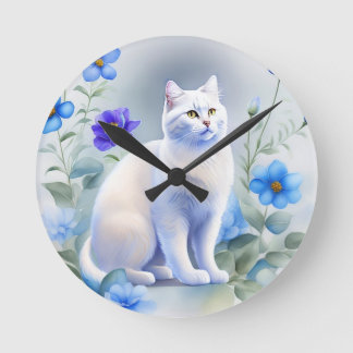 White cat with blue flowers, watercolor painting round clock